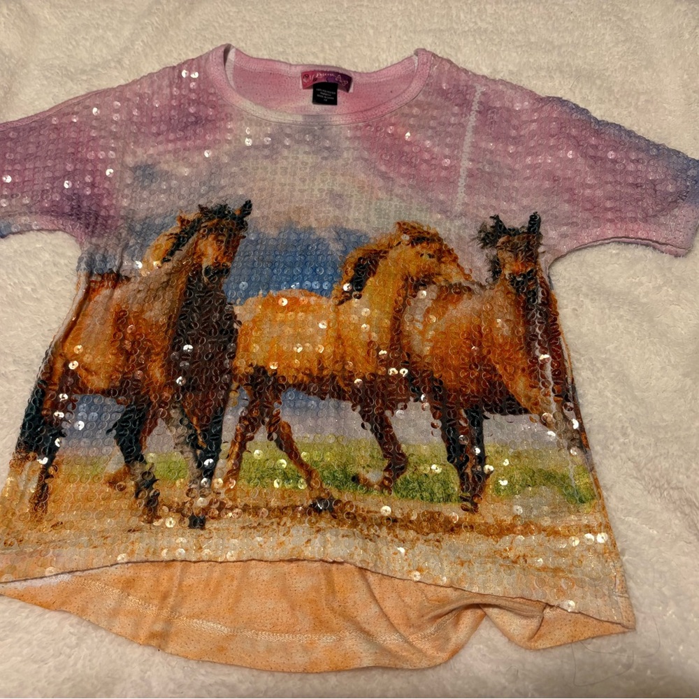 Self Esteem Kids Sequin Horse Tee - Pink and Orange